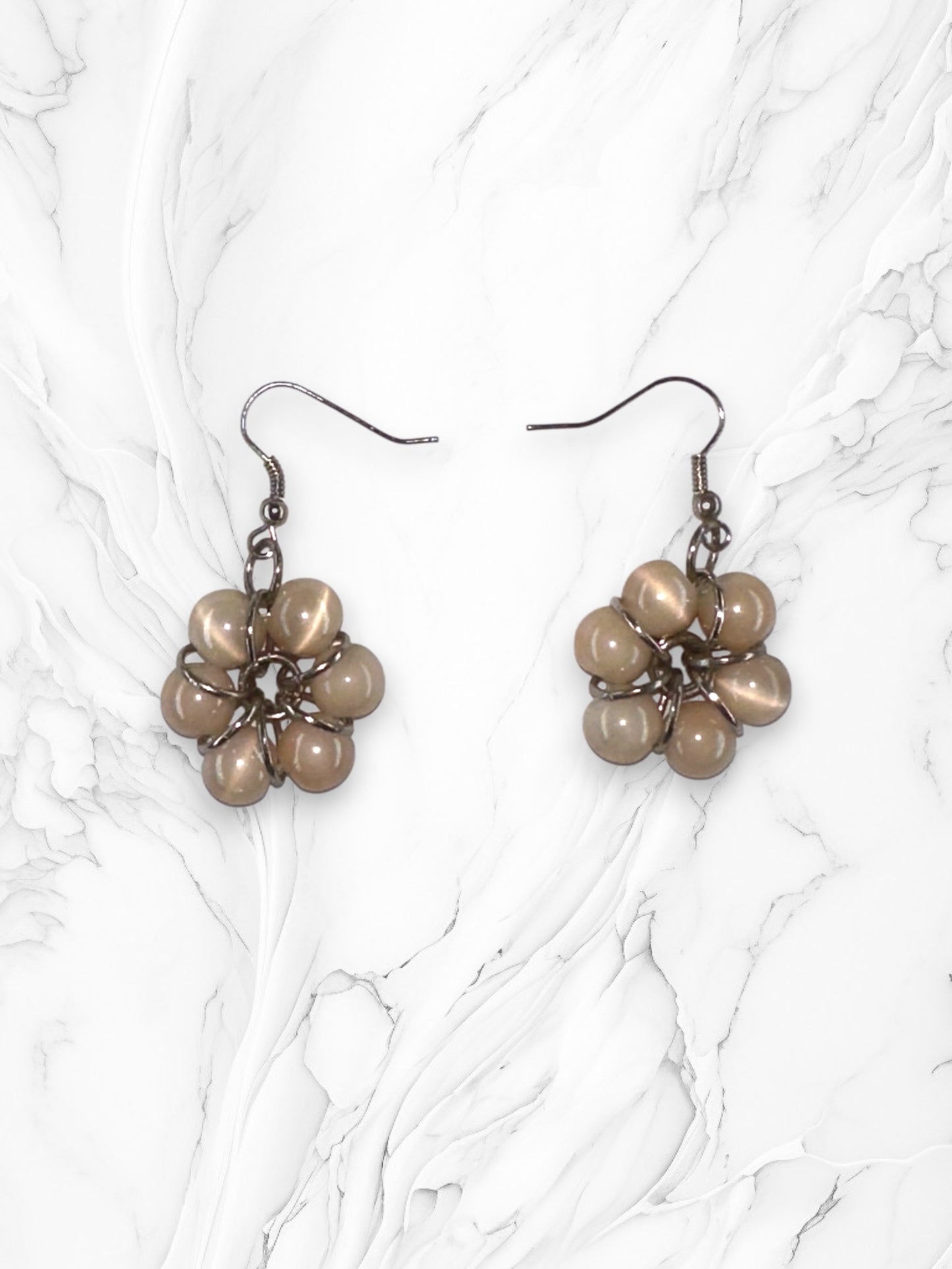 Handmade Neutral Beaded Flower Dangle Earrings