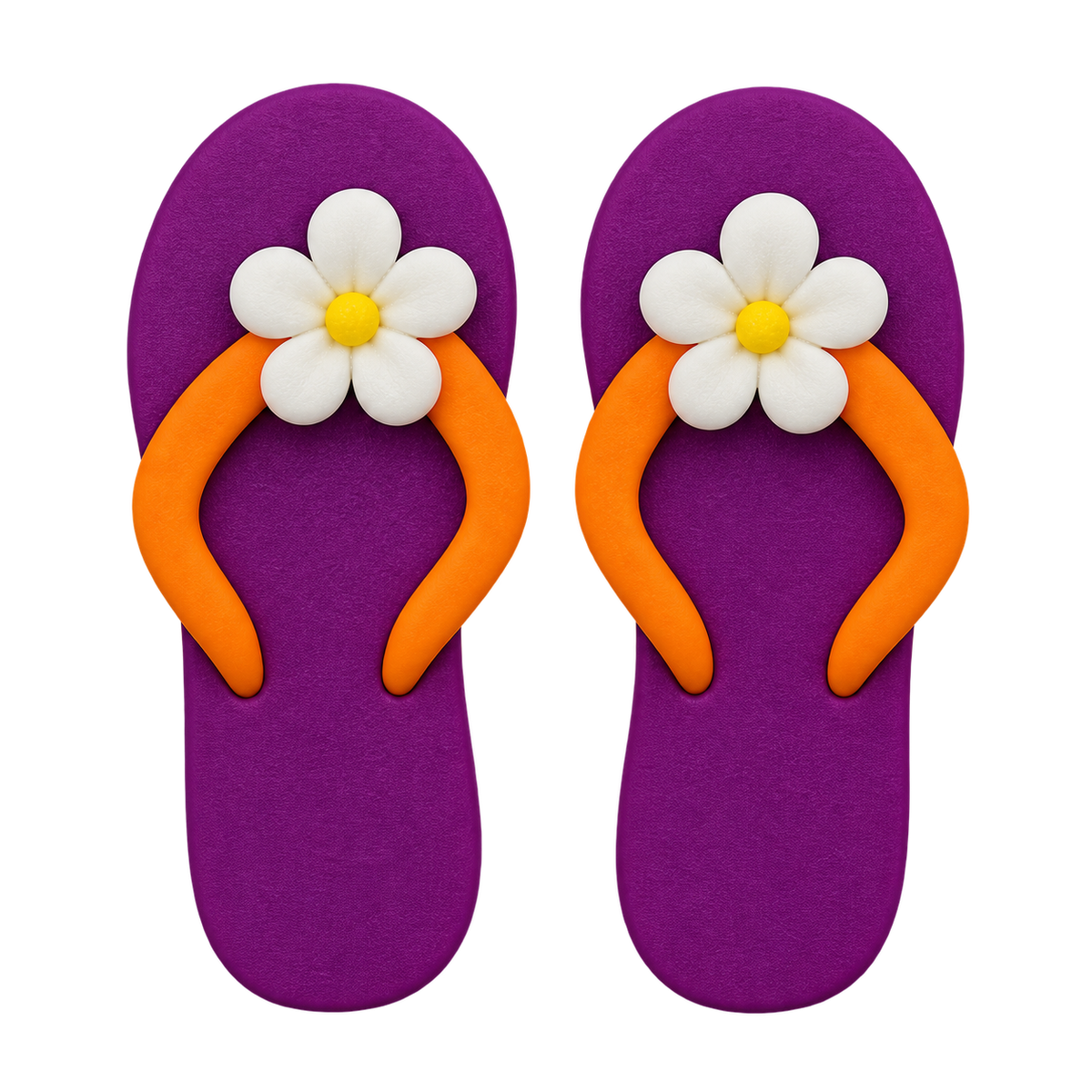 A pair of purple flip-flops stud earrings with bright orange straps and a white daisy flower decoration on the top.