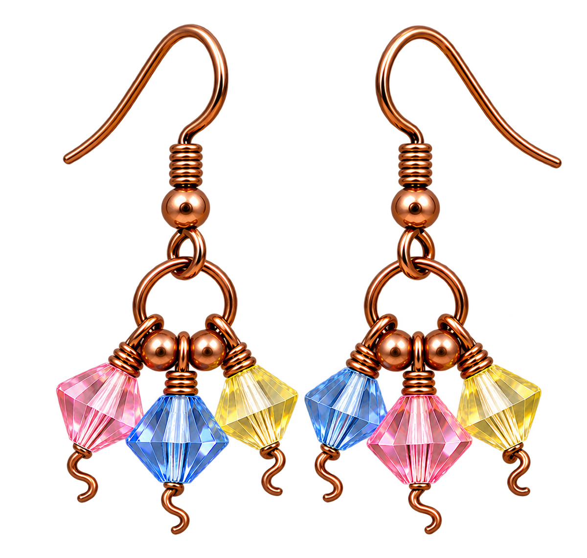 A pair of handmade dangle earrings with copper wire hooks and beads, featuring three colorful faceted crystal drops in pink, blue, and yellow.
