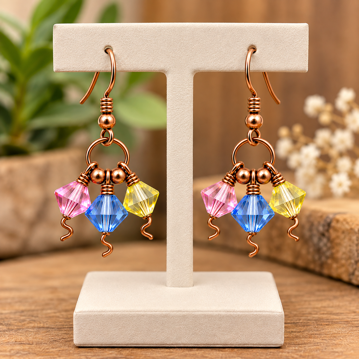 A pair of handmade copper wire drop earrings with faceted pink, blue, and yellow crystal charms, displayed on a cream-colored T-stand against a warm, blurred background.