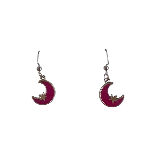 Magenta Crescent Moon and Star Dangle Earrings