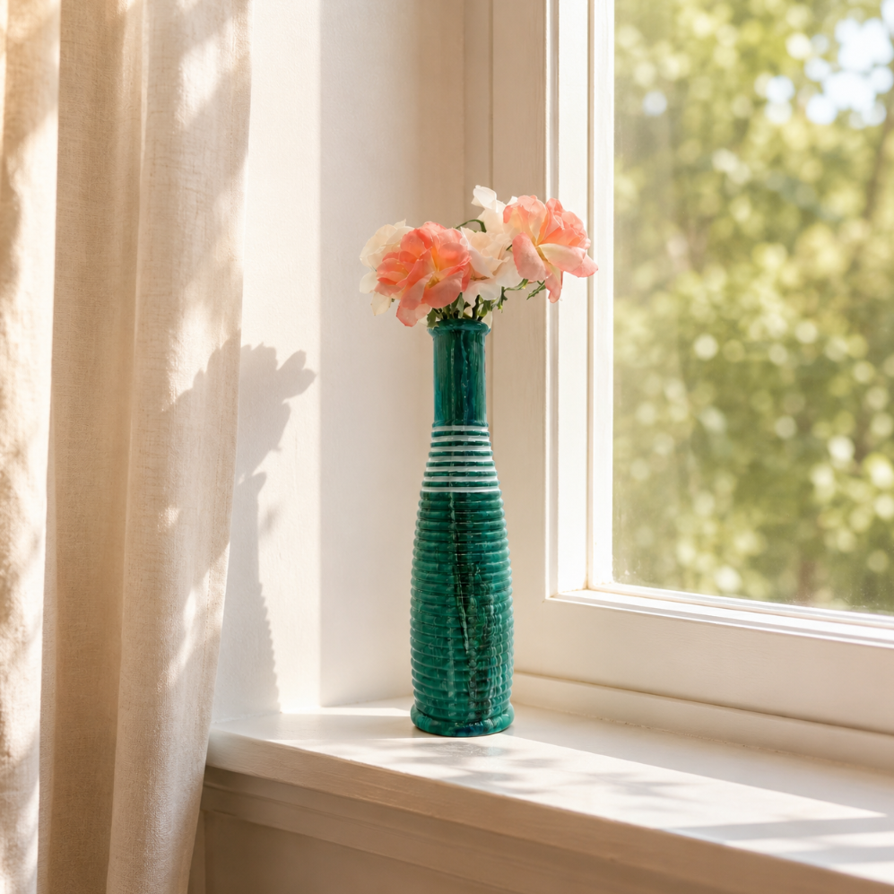 Green vase with pink flowers on a windowsill with sunlight filtering through curtains