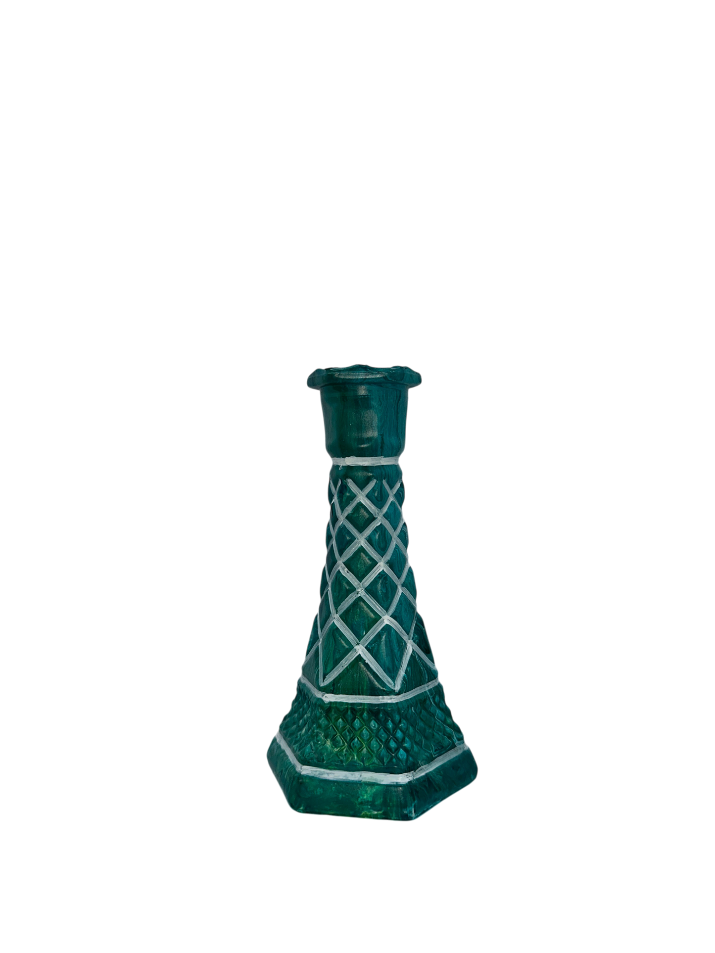 Hand-Painted Teal Bud Vase – Geometric Lattice Design