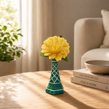 Hand-Painted Teal Bud Vase – Geometric Lattice Design