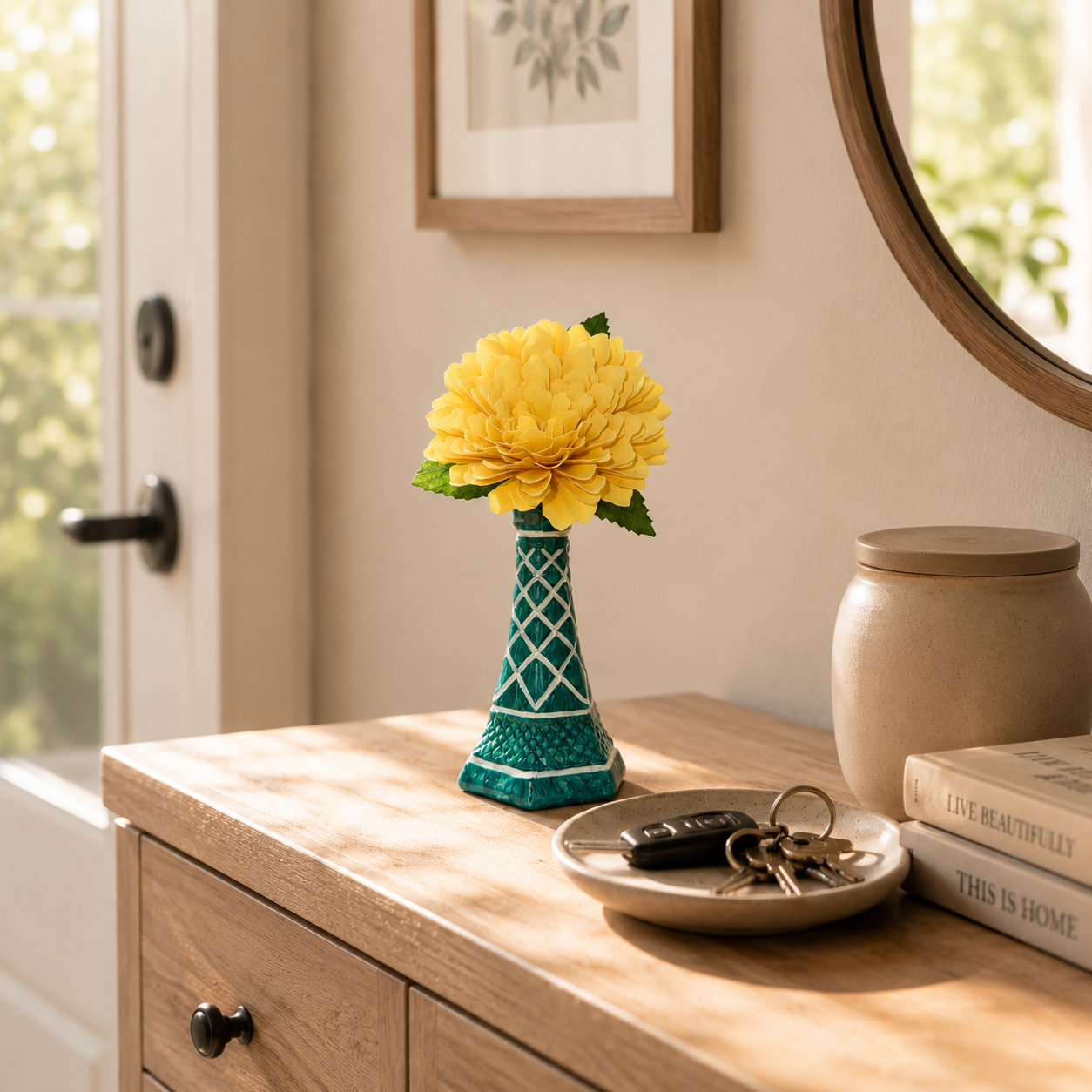 Hand-Painted Teal Bud Vase – Geometric Lattice Design