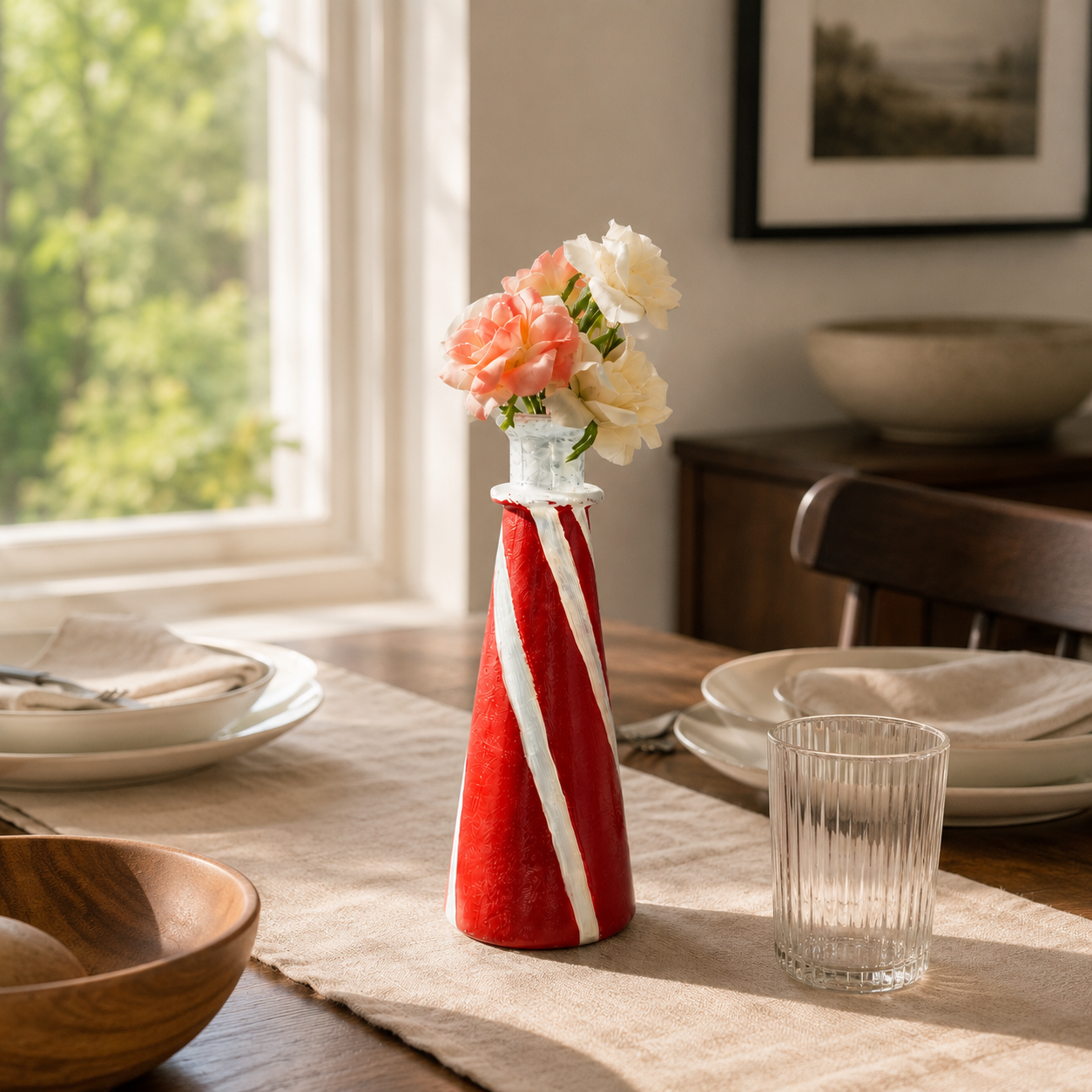 Hand-Painted Red & White Swirl Bud Vase