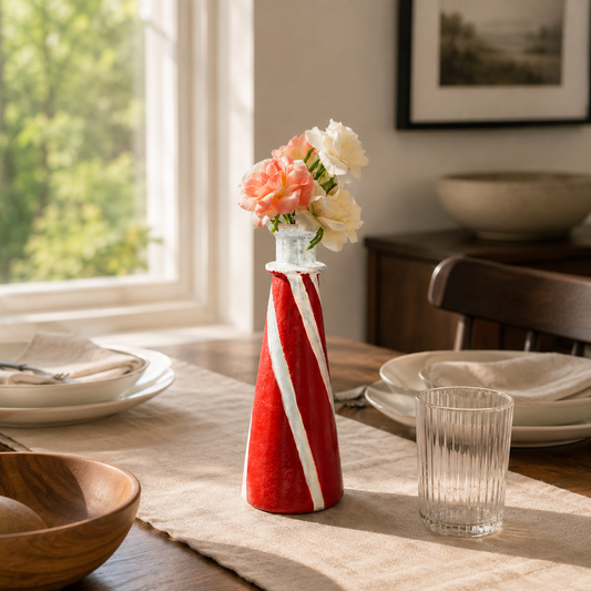 Hand-Painted Red & White Swirl Bud Vase