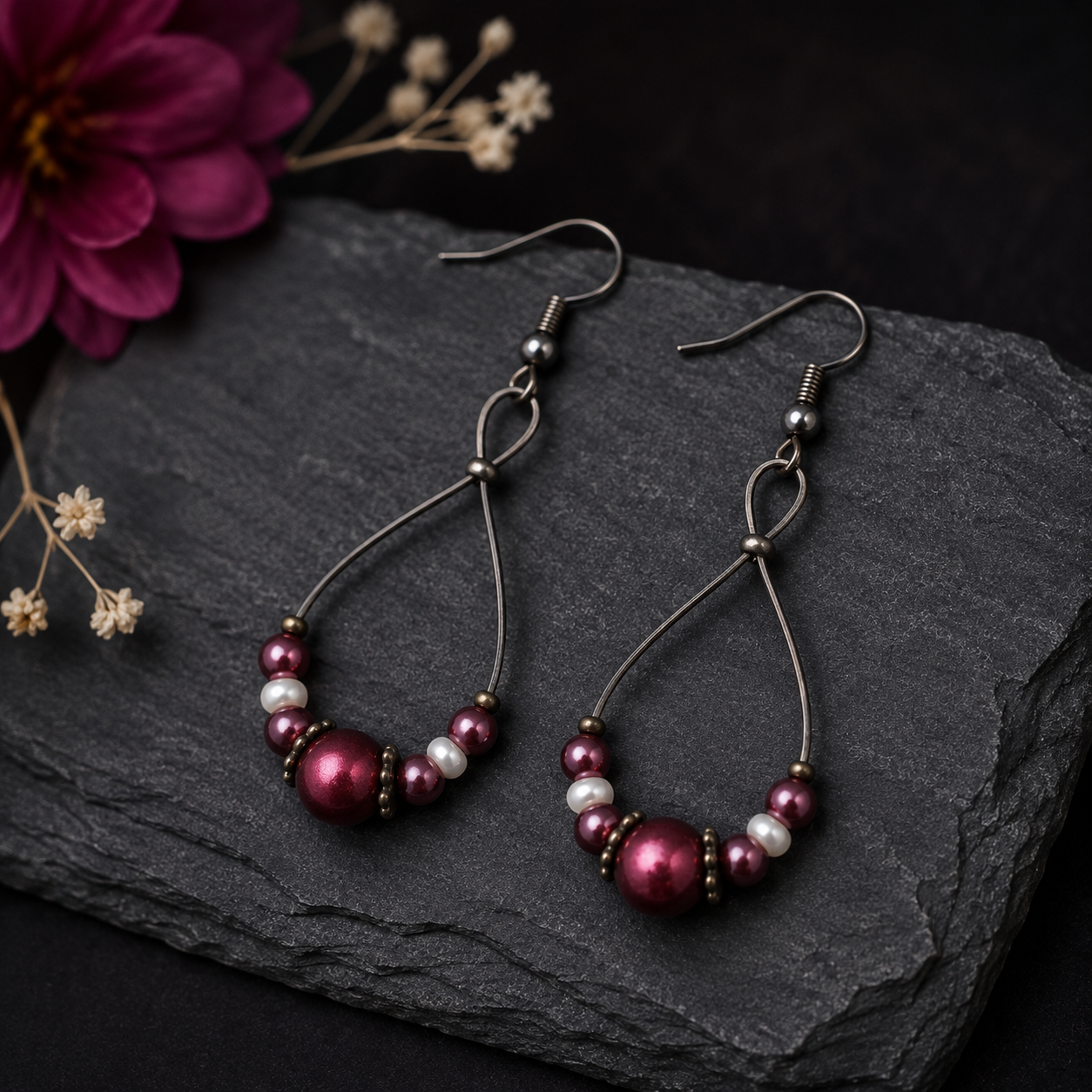 Burgundy Beaded Teardrop Earrings