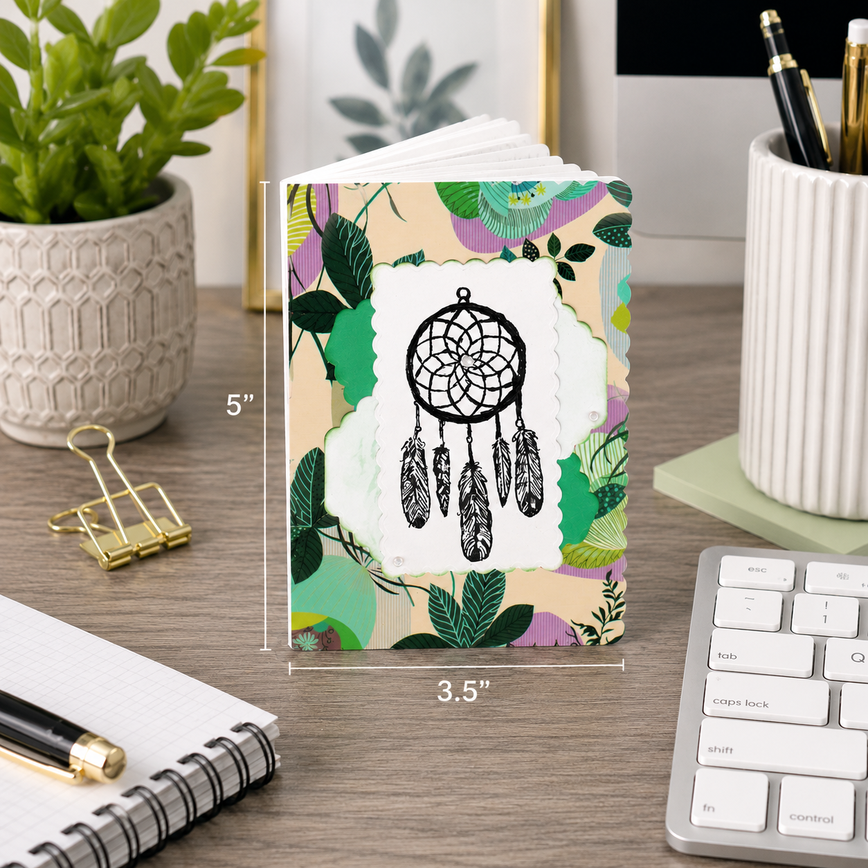 Handmade Dreamcatcher Mini Notebook | Stamped Botanical Notepad 3.5" x 5"