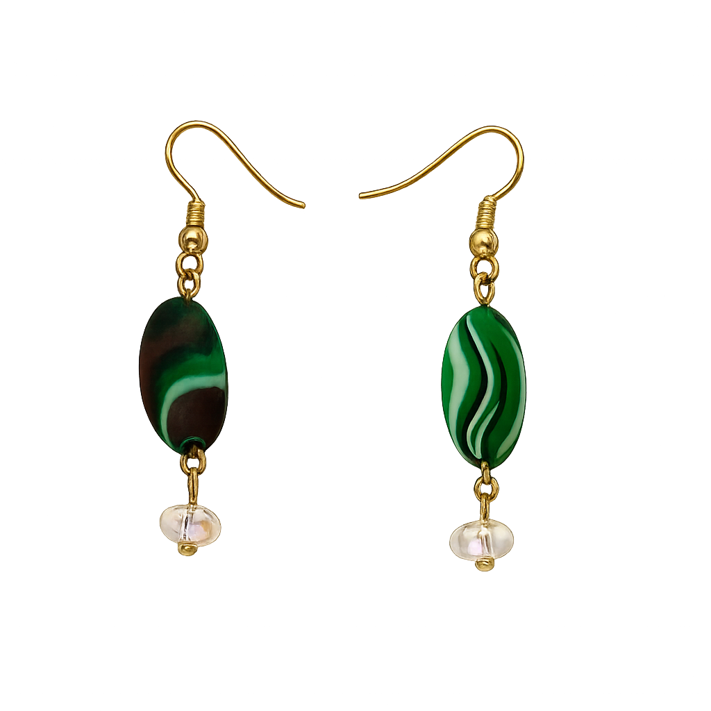 Green Swirl Beaded Dangle Earrings with Iridescent Crystal Accent
