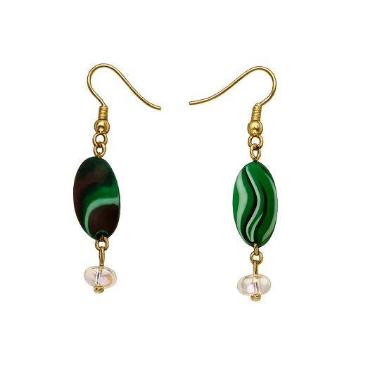 Green Swirl Beaded Dangle Earrings with Iridescent Crystal Accent