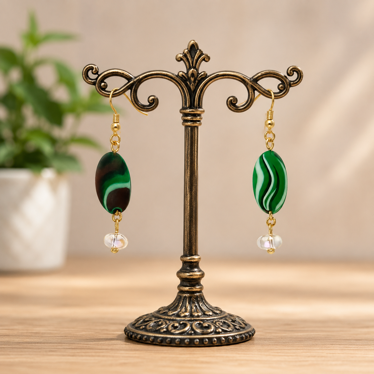 Green Swirl Beaded Dangle Earrings with Iridescent Crystal Accent