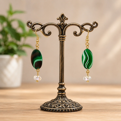 Green Swirl Beaded Dangle Earrings with Iridescent Crystal Accent