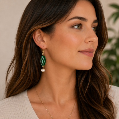 Green Swirl Beaded Dangle Earrings with Iridescent Crystal Accent