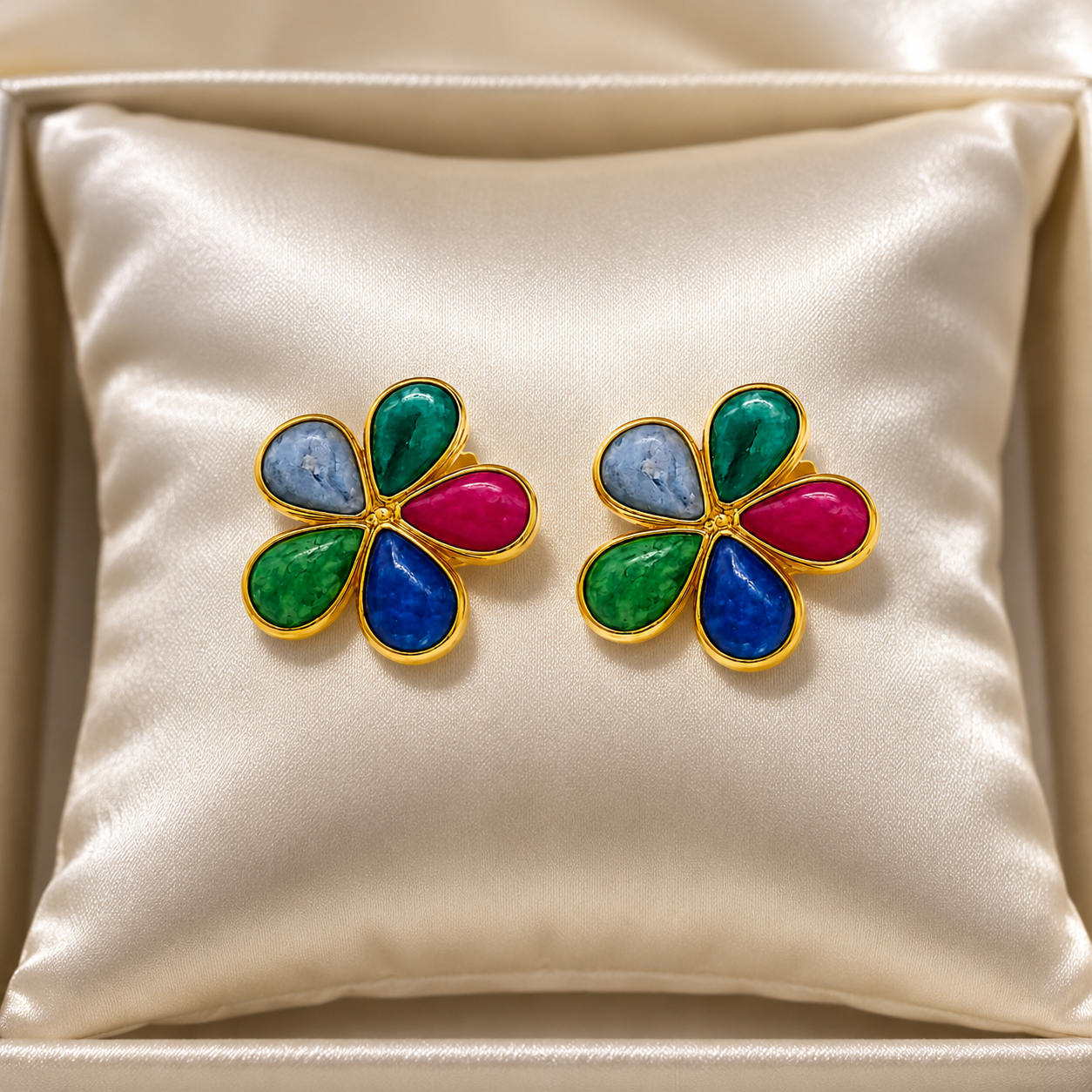 Colorful Flower Stud Earrings – Gold-Tone Floral Earrings