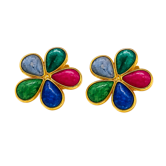Colorful Flower Stud Earrings – Gold-Tone Floral Earrings