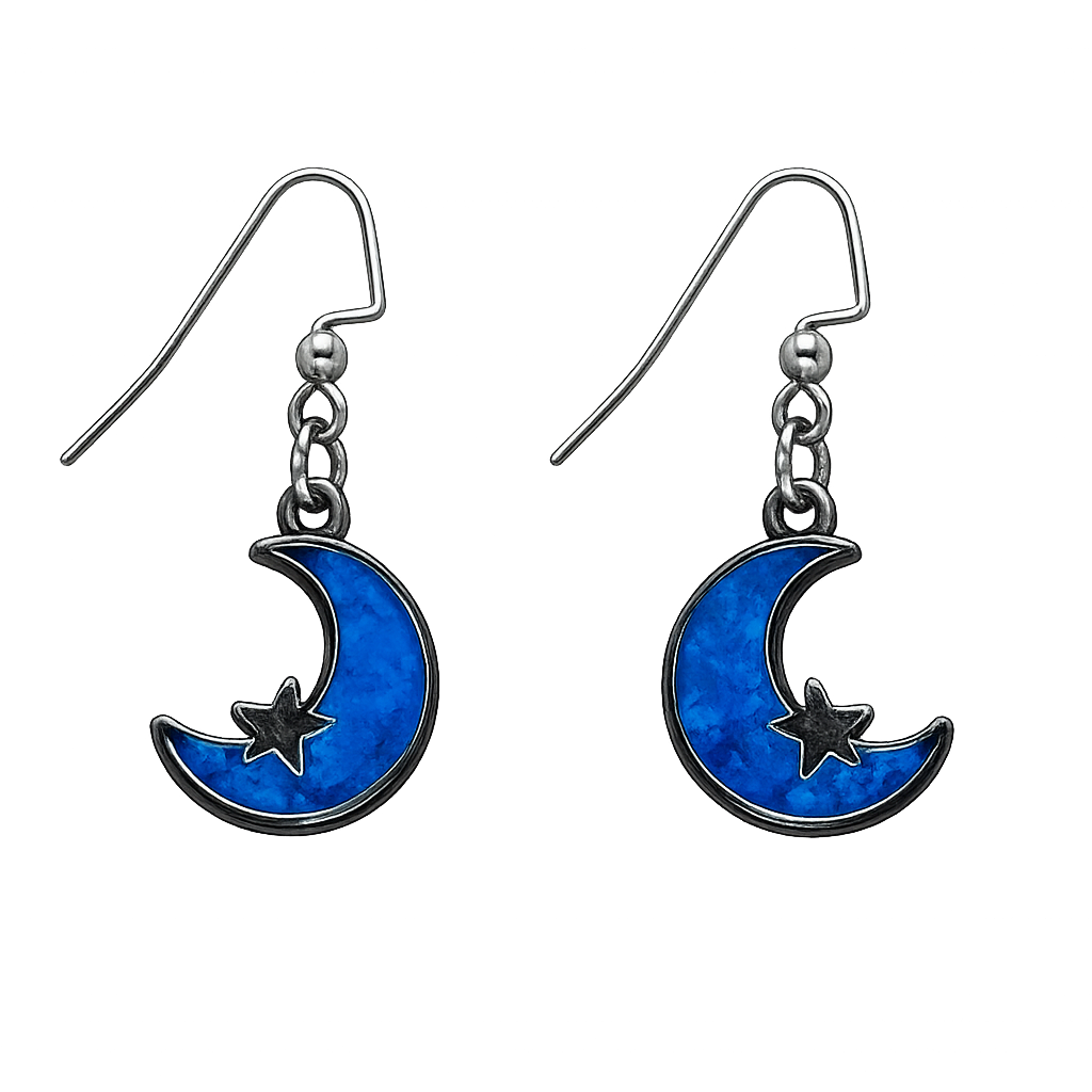 Blue Crescent Moon & Star Dangle Earrings