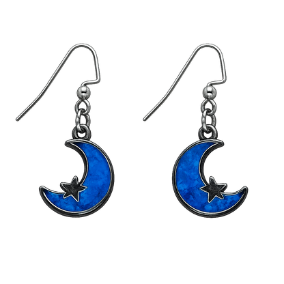 Blue Crescent Moon & Star Dangle Earrings