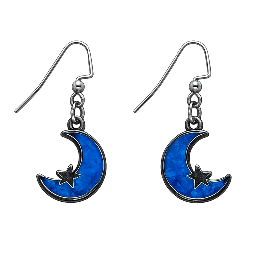 Blue Crescent Moon & Star Dangle Earrings