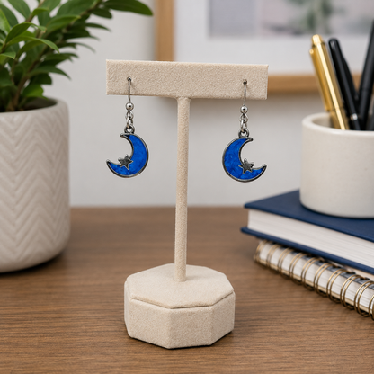 Blue Crescent Moon & Star Dangle Earrings
