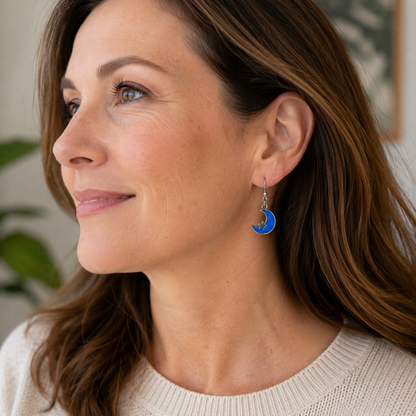 Blue Crescent Moon & Star Dangle Earrings