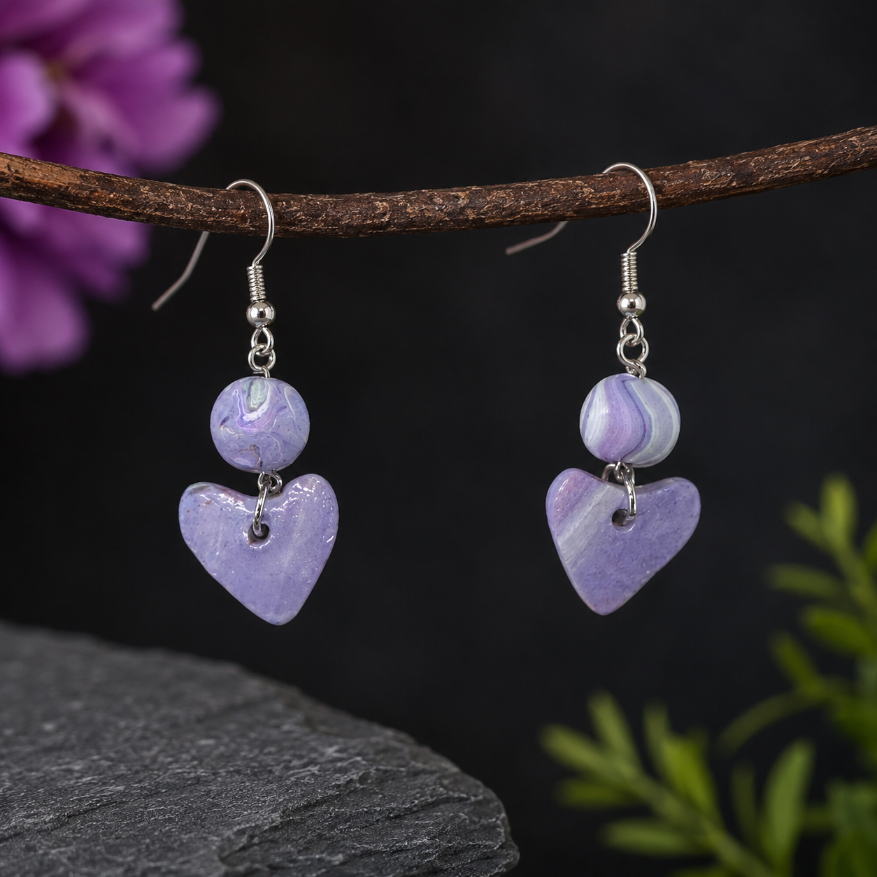 Purple Heart Clay Dangle Earrings
