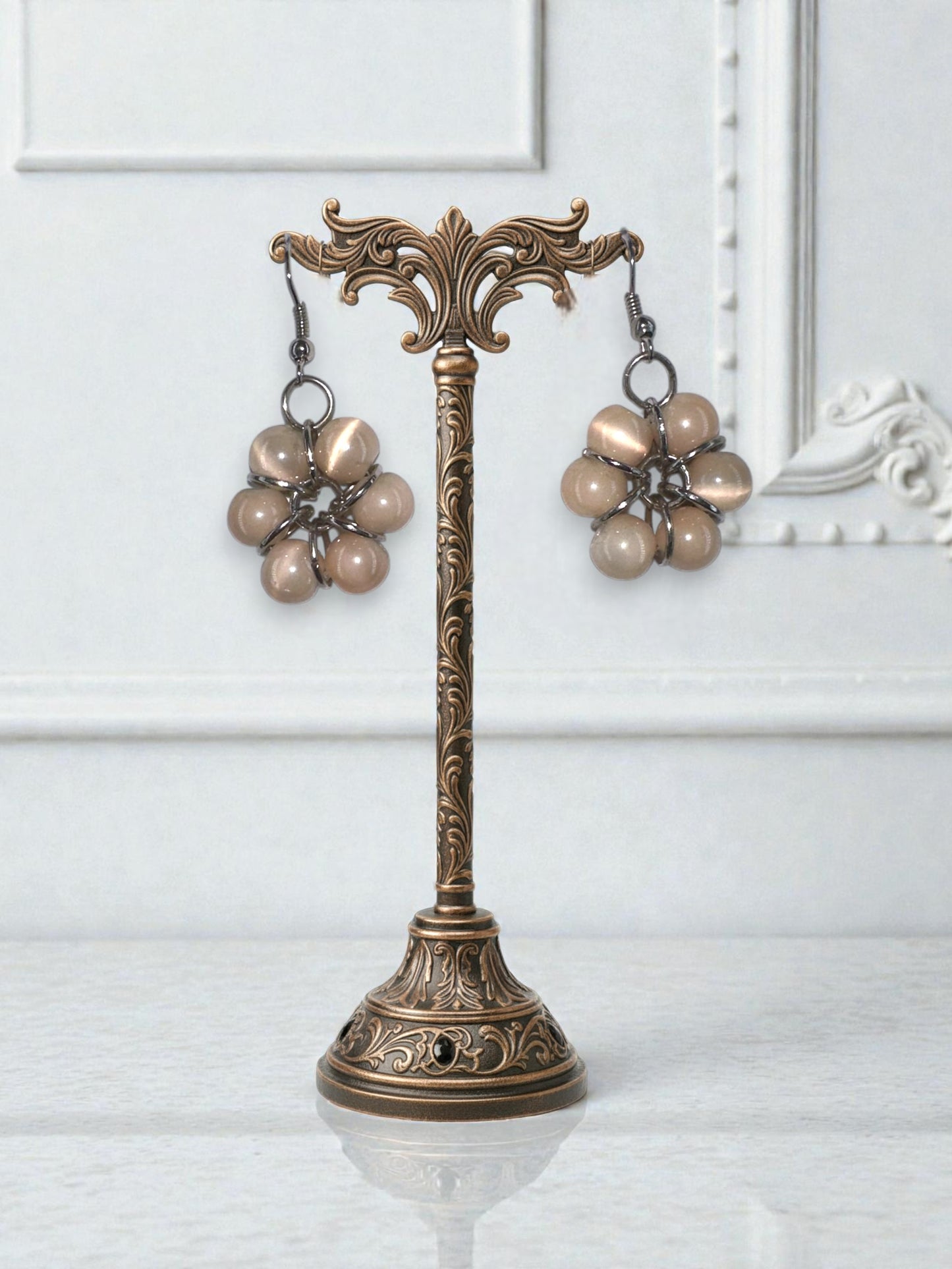 Handmade Neutral Beaded Flower Dangle Earrings