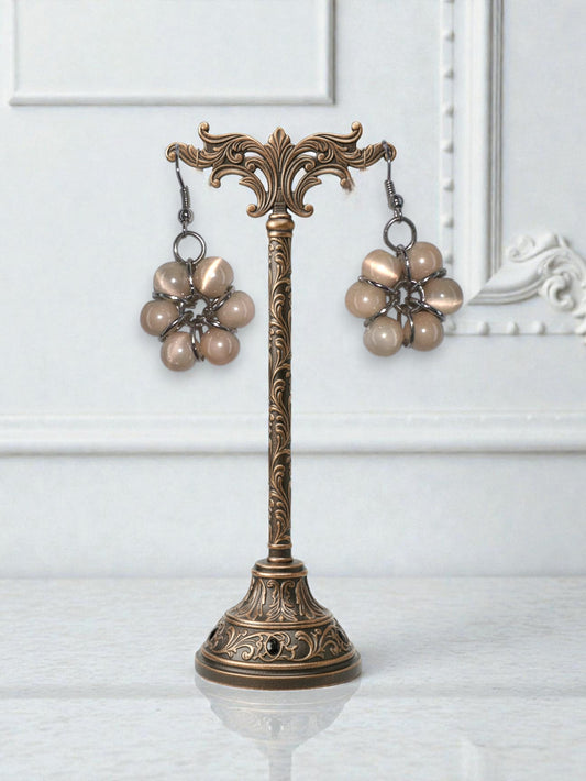 Handmade Neutral Beaded Flower Dangle Earrings