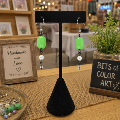 Handmade Green Glass & Pearl Dangle Earrings