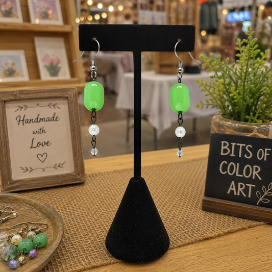 Handmade Green Glass & Pearl Dangle Earrings
