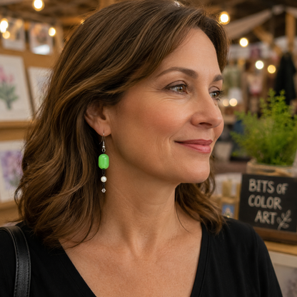Handmade Green Glass & Pearl Dangle Earrings