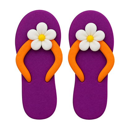 A pair of purple flip-flops stud earrings with bright orange straps and a white daisy flower decoration on the top.