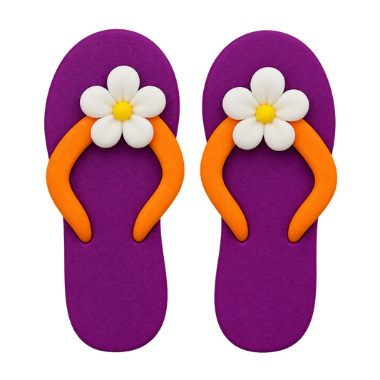 A pair of purple flip-flops stud earrings with bright orange straps and a white daisy flower decoration on the top.