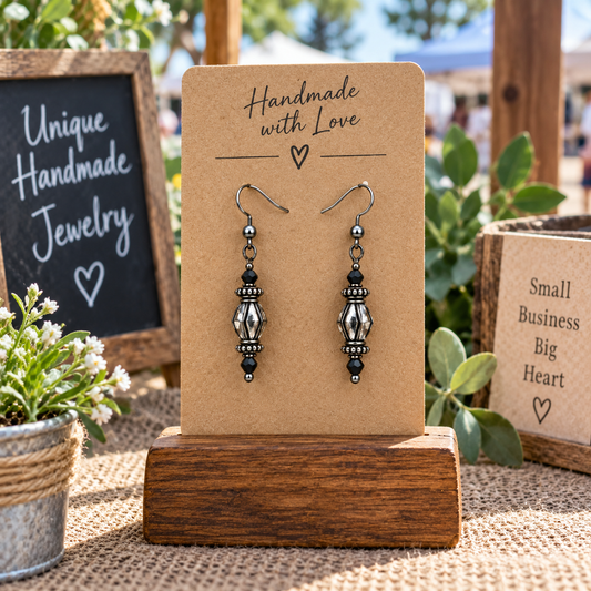 Handmade Black & Silver Crystal Dangle Earrings