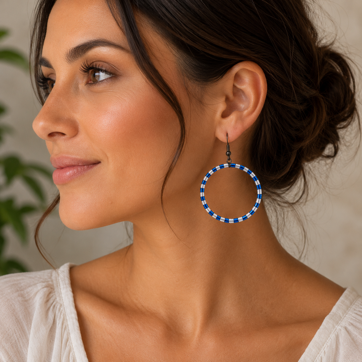 Handmade Blue Beaded Hoop Earrings