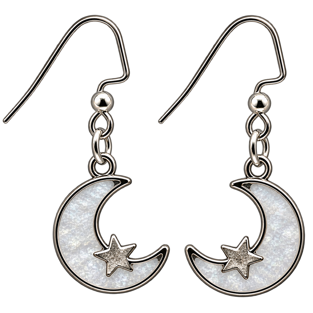Silver crescent moon and star dangle earrings with white resin details
