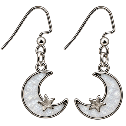 Silver crescent moon and star dangle earrings with white resin details