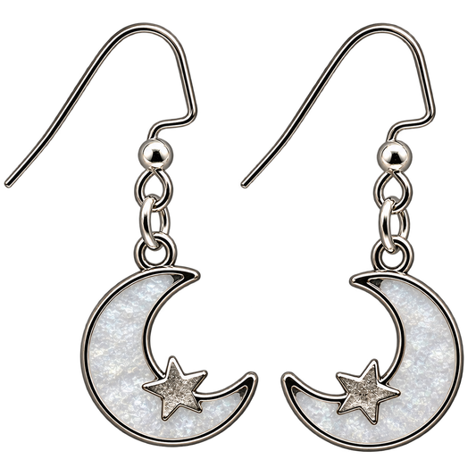 Silver crescent moon and star dangle earrings with white resin details