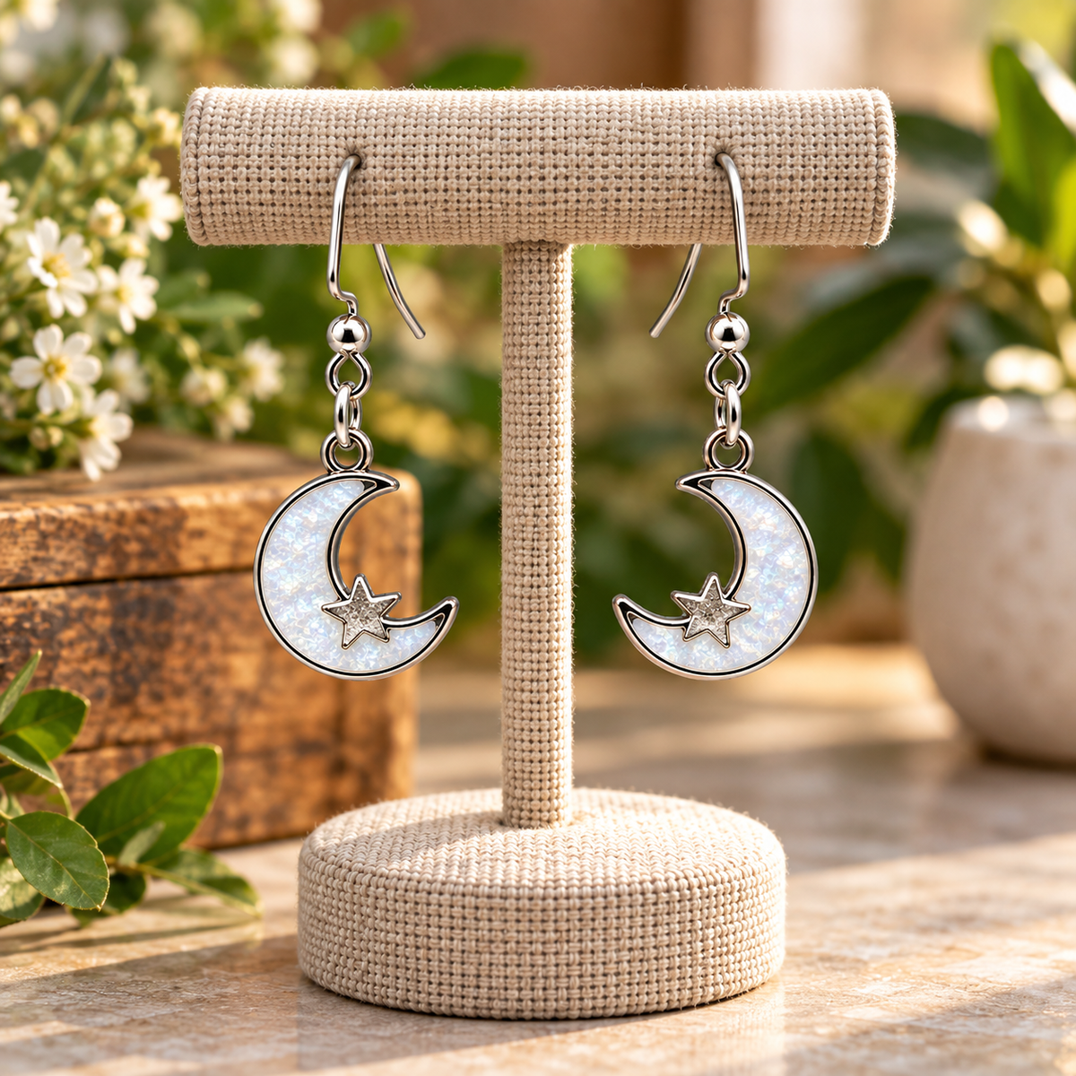 Silver crescent moon and star dangle earrings with white resin details on a display stand