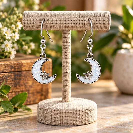 Silver crescent moon and star dangle earrings with white resin details on a display stand