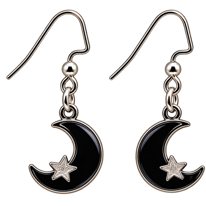 A pair of silver-tone dangle earrings with black crescent moon charms and small silver star accents.