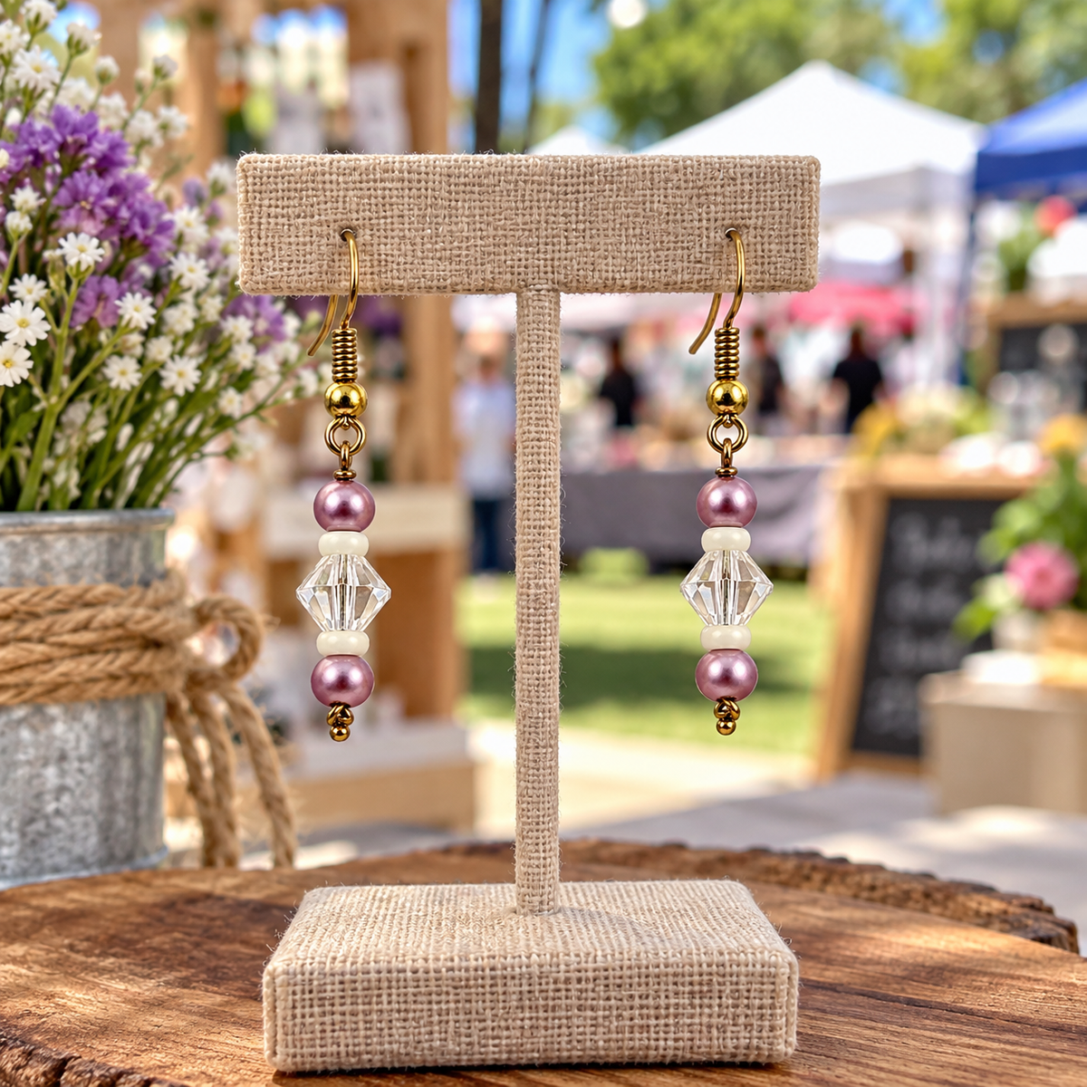 A pair of handmade dangle earrings displayed on a burlap-covered jewelry stand at an outdoor market. The earrings feature gold-tone metal hooks, white beads, faceted clear crystal beads, and pink pearl-like beads.