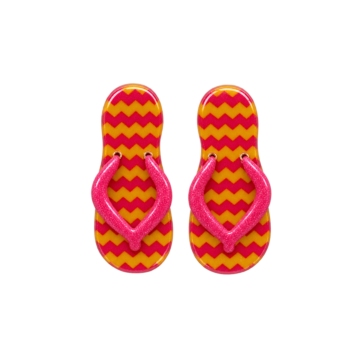 A pair of flip-flop sandals with a bright pink glittery strap and a yellow and pink chevron patterned sole.