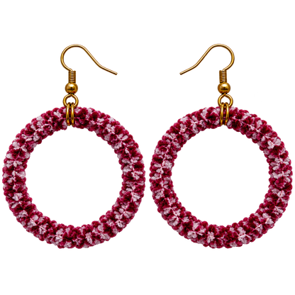 Handmade wool-wrapped hoop earrings with soft wool fibers in burgundy, raspberry, and blush pink