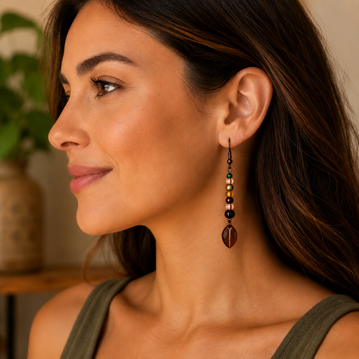 Handcrafted Beaded Leaf Dangle Earrings