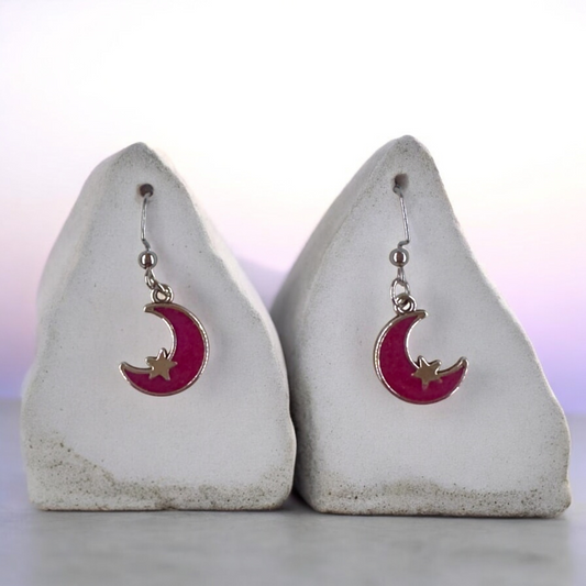 Magenta Crescent Moon and Star Dangle Earrings