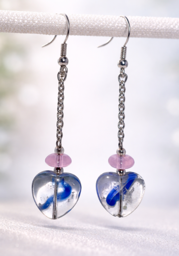 Blue Swirl Heart Dangle Earrings