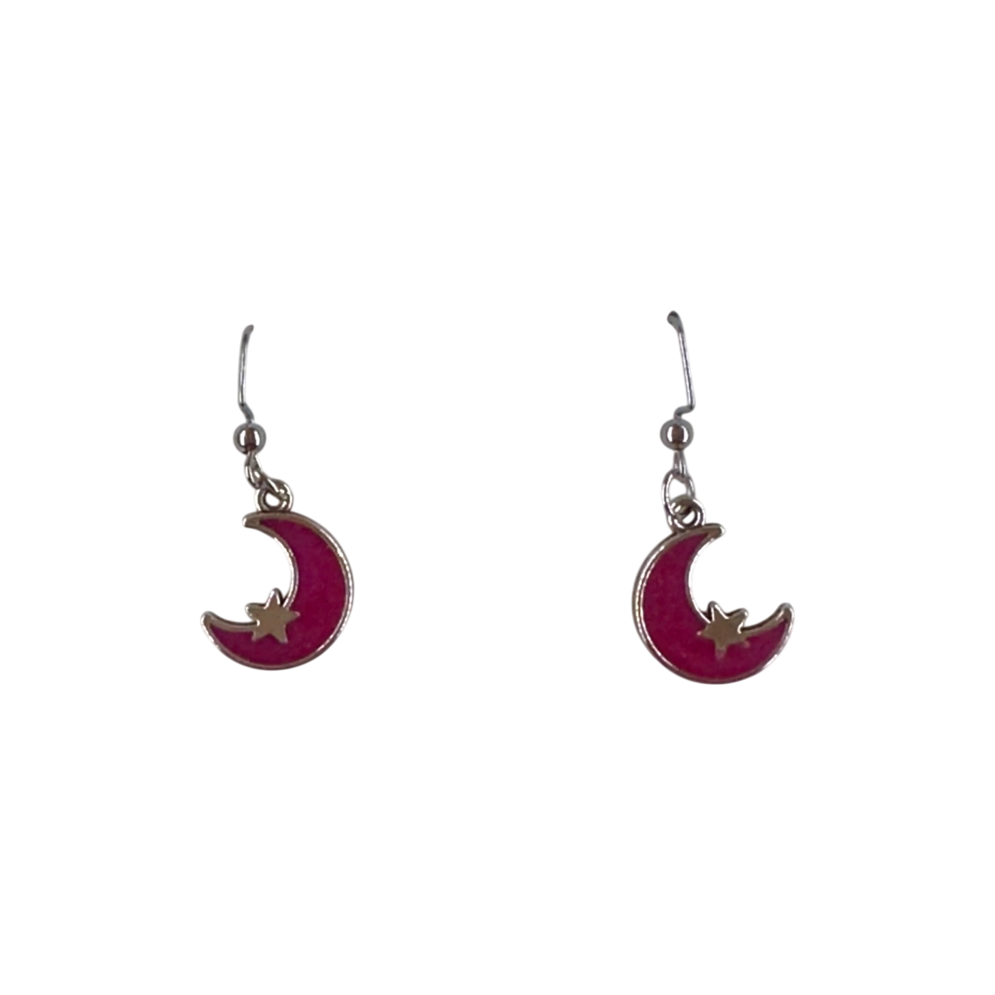 Magenta Crescent Moon and Star Dangle Earrings