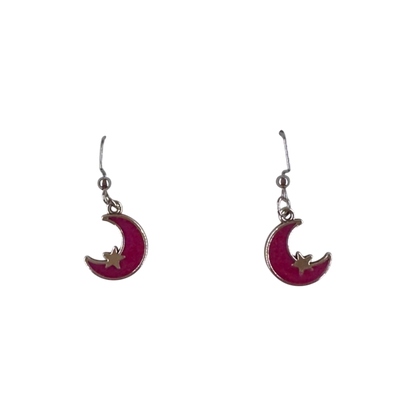Magenta Crescent Moon and Star Dangle Earrings