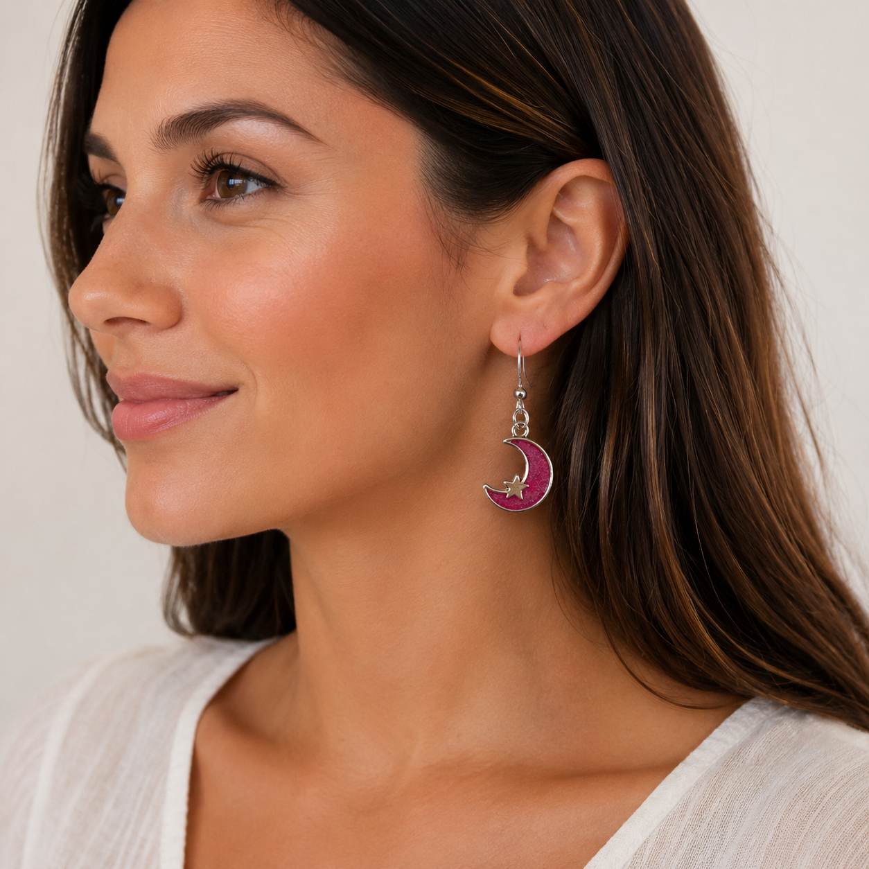 Magenta Crescent Moon and Star Dangle Earrings
